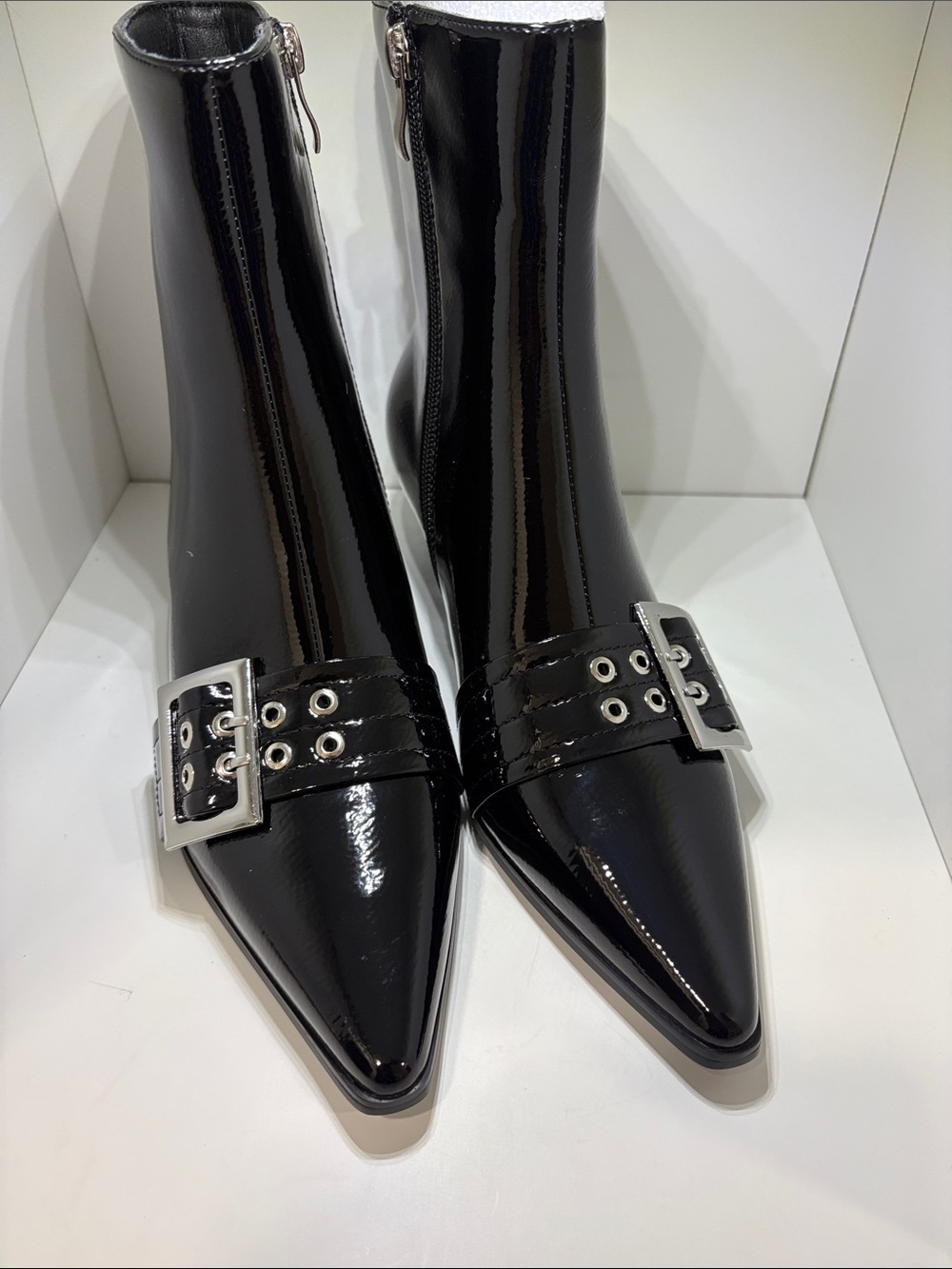 Source Unknown Black Patent Pointed Ankle Boots with Silver Buckle